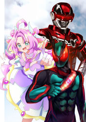  1girl 2boys :d absurdres ahoge akechi_anna antennae aqua_eyes aqua_trim armor armored_bodysuit artist_name back_bow bare_shoulders black_bodysuit blue_sky blush bodysuit bow bowtie breastplate broadcaster_connection brooch buttons capelet chou_uchuu_keiji_gavan_infinity clouds cloudy_sky combat_helmet commentary company_connection compound_eyes crossover cure_answer curtained_hair double-breasted double_bun dress english_commentary fingerless_gloves full_armor gavan_infinity gloves green_armor green_helmet hair_bun hair_flaps hair_ornament hand_on_own_hip hand_up helmet highres index_finger_raised jewelry kamen_rider kamen_rider_zeztz kamen_rider_zeztz_(physicam_impact) kamen_rider_zeztz_(series) layered_dress long_hair looking_at_viewer magical_girl mask medium_dress meitantei_precure! multicolored_armor multiple_boys off-shoulder_dress off_shoulder open_mouth outdoors parted_bangs pectorals pillarboxed precure purple_bow purple_bowtie purple_capelet purple_dress purple_hair red_armor red_eyes red_helmet red_trim reiei_8 rider_belt sidelocks silver_armor sky smile teeth thick_eyebrows toei_company tokusatsu tv_asahi two-tone_armor upper_body upper_teeth_only very_long_hair white_gloves wing_hair_ornament yellow_bow zeztz_driver 