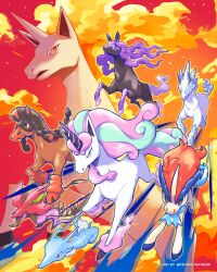  dragalge dusk galarian_rapidash glastrier highres horse keldeo kingdra mudsdale no_humans orange_clouds pokemon pokemon_(creature) racing rapidash red_sky sky spectrier unicorn 
