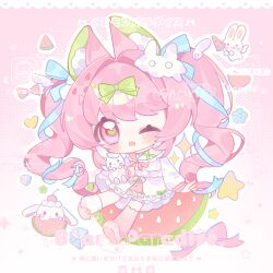  1girl ;d animal animal_ear_fluff animal_ears asymmetrical_footwear blue_ribbon blush bow bowtie chibi chibi_only dress full_body gradient_background green_bow hair_bow hair_intakes hair_ribbon heart highres long_hair long_sleeves looking_at_viewer mismatched_footwear one_eye_closed open_mouth original pink_background pink_bow pink_bowtie pink_eyes pink_hair pink_shoes pink_thighhighs rabbit rabbit_ears rabbit_girl ribbon shoes smile socks solo thigh-highs twintails watermark white_dress white_socks yikemaohetao 