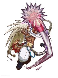  1boy ankle_boots attack_trail black_boots blonde_hair boots chain clenched_teeth commentary_request cropped_jacket dark-skinned_male dark_skin earrings edgar_(shinrabanshou) facial_tattoo fingerless_gloves fingernails forehead_tattoo gloves highres hoketsu jacket jewelry long_hair muscular muscular_male open_clothes open_jacket pants pointy_ears red_gloves sharp_fingernails sharp_teeth shinrabanshou solo spiked_gloves tail tattoo teeth tiger_tail white_background white_jacket white_pants yellow_eyes 