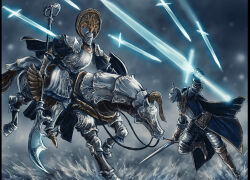 1girl 1other armor barding cape carian_knight_(elden_ring) elden_ring full_armor full_body horse incoming_attack knight leg_up loretta_knight_of_the_haligtree magic ornate_armor outdoors polearm qizeaq simple_background sword tarnished_(elden_ring) weapon 