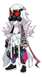 1girl arm_tattoo baggy_pants bare_shoulders belt black_pants black_shoes breasts can clothes_around_waist finger_tattoo gas_mask graffiti guernica_(p5t) hand_tattoo hip_tattoo jacket jacket_around_waist long_hair loose_belt mask medium_breasts mouse_tail navel official_art oribe_hanako paint_on_clothes paint_splatter pants persona persona_5 persona_5_tactica shirt shoes sleeveless sleeveless_shirt solo spray_can spray_paint tail tank_top tattoo tattoo_sleeve transparent_background two-tone_pants very_long_hair wavy_hair white_belt white_hair white_jacket white_pants white_tank_top 