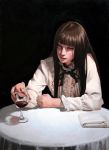  1girl alcohol asian bangs black_background black_ribbon blouse blunt_bangs brown_eyes brown_hair cloth cup frilled_sleeves frills half-closed_eyes imai_takahiro long_hair long_sleeves looking_away original realistic ribbon solo table touching traditional_media wine wine_glass 