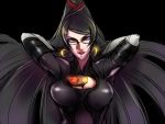  1girl amulet bangs bayonetta bayonetta_(character) beehive_hairdo black_hair bodysuit breasts candy cleavage cleavage_cutout crescent crescent_earrings earrings elbow_gloves glasses gloves hair_ribbon hands_in_hair jewelry kaneaki_mukku large_breasts lips lollipop long_hair mole red_eyes ribbon solo swept_bangs very_long_hair white_gloves 