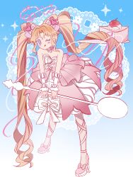  1girl ;q arm_warmers bare_shoulders blonde_hair blue_background blush_stickers bow bowtie cake cake_slice chinese_commentary circle_skirt closed_mouth colored_eyelashes commentary_request cone_hair_bun double_bun dreamtime_bestowed_(infinity_nikki) dress dress_bow drill_hair food footwear_bow frilled_arm_warmers frills full_body gradient_background hair_bow hair_bun hair_ornament hair_ribbon halo happy heart heart_hair_ornament high_heels highres holding holding_spoon infinity_nikki layered_dress leaning_forward leg_ribbon long_hair looking_at_viewer nikki_(series) one_eye_closed oversized_object pink_bow pink_dress pink_halo pink_ribbon pink_shoes plate qingningcha125 ribbon shoes short_dress smile solo spoon strapless strapless_dress tongue tongue_out twin_drills twintails very_long_hair violet_eyes white_arm_warmers white_bow white_bowtie white_dress wrist_bow 