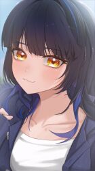  1girl :3 absurdres black_hair blue_hair blue_jacket blunt_bangs blush closed_mouth collarbone colored_inner_hair commentary denim denim_jacket hair_intakes highres jacket lilpa long_hair looking_at_viewer multicolored_hair open_clothes open_jacket portrait rim_(rimgrim) shirt sleeves_past_wrists smile solo streaked_hair upper_body virtual_youtuber waktaverse white_shirt yellow_eyes 