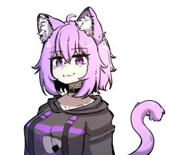  1girl :3 absurdres ahoge animal_collar animal_ear_fluff animal_ears black_collar black_hoodie breasts cat_ears cat_girl cat_tail collar collarbone cropped_hoodie cropped_torso food_print hair_between_eyes highres hololive hood hoodie long_sleeves looking_at_viewer nekomata_okayu nekomata_okayu_(1st_costume) purple_hair smile smug_suriipi solo tail upper_body violet_eyes virtual_youtuber white_fur 