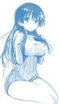  1girl blue blush breasts cleavage_cutout hair_ornament impossible_clothes kawakami_masaki large_breasts long_hair looking_at_viewer monochrome naked_sweater open-chest_sweater ribbed_sweater saten_ruiko simple_background sitting sketch solo sweater thighs to_aru_kagaku_no_railgun to_aru_majutsu_no_index white_background 
