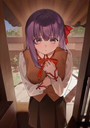  1girl amiably_02 architecture black_skirt blue_sky brown_vest commentary day doorway east_asian_architecture fate/stay_night fate_(series) hair_ribbon highres homurabara_academy_school_uniform long_hair long_sleeves looking_at_viewer matou_sakura neck_ribbon purple_hair red_ribbon ribbon school_uniform shirt skirt sky solo sunlight vest violet_eyes white_shirt 