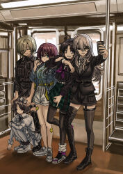  5girls absurdres ahoge awa_subaru black_boots black_hair black_jacket black_nails black_necktie black_pantyhose black_sailor_collar black_shirt black_shorts blue_eyes blue_jacket blue_shirt boots bow breasts brown_hair chinese_commentary closed_mouth commentary_request dress dress_shirt ebizuka_tomo feizao_pao garter_straps girls_band_cry green_skirt grey_hair hair_between_eyes hair_bow hairband hands_on_another's_head highres iseri_nina jacket juliet_sleeves kawaragi_momoka load_bearing_vest long_hair long_hair_between_eyes long_sleeves loose_socks medium_breasts multiple_girls nail_polish neckerchief necktie open_clothes open_jacket open_mouth pantyhose pinky_out plaid_clothes plaid_skirt pleated_skirt puffy_sleeves purple_neckerchief purple_shoes red_eyes rupa_(girls_band_cry) sailor_collar sailor_shirt selfie shirt shoes short_hair shorts single_garter_strap single_thigh_boot skirt socks squatting standing standing_on_one_leg striped_clothes striped_necktie thigh_boots thigh_strap togenashi_togeari train_interior violet_eyes white_bow white_dress white_hairband white_pantyhose white_shoes white_shorts 