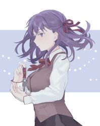  1girl black_skirt brown_vest charm_(object) closed_mouth commentary_request fate/stay_night fate_(series) floating_hair h11_r0 hair_ribbon heaven's_feel highres homurabara_academy_school_uniform key long_hair long_sleeves matou_sakura neck_ribbon pocket profile purple_hair red_ribbon ribbon school_uniform shirt skirt smile solo vest violet_eyes white_shirt 