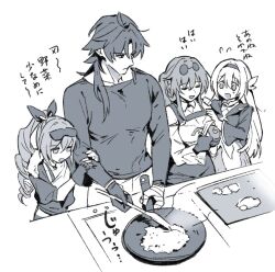  1boy 3girls black_hair black_hairband black_jacket black_ribbon blade_(honkai:_star_rail) cooking dashi_(minzoku_gb) eyewear_on_head firefly_(honkai:_star_rail) fur-trimmed_jacket fur_trim grey_hair hair_between_eyes hair_intakes hair_ornament hair_ribbon hairband holding holding_knife honkai:_star_rail honkai_(series) jacket kafka_(honkai:_star_rail) knife long_hair multiple_girls neckerchief open_clothes open_jacket ponytail ribbon silver_wolf_(honkai:_star_rail) simple_background single_drill smile sword translation_request weapon white_background 