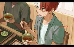  2boys black_border black_shirt blue_eyes boku_no_hero_academia border brothers burn_scar chopsticks commentary_request dabi_(boku_no_hero_academia) food grey_eyes heterochromia holding holding_chopsticks holding_food korean_commentary letterboxed male_focus multicolored_hair multiple_boys open_clothes open_shirt red_hair scar scar_on_face scars_all_over shirt short_hair siblings sitting solo_focus split-color_hair stapled todoroki_shoto twitter_username two-tone_hair unbuttoned undershirt upper_body v-neck white_hair white_shirt yeol2510 