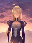  1girl ahoge blonde_hair dress excalibur fate/stay_night fate_(series) green_eyes hair_down hand_on_hilt juliet_sleeves long_hair long_sleeves puffy_sleeves saber sky341125290 solo 