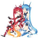  2girls :o ;d armor blonde_hair blue_eyes blue_hair boots elbow_gloves gloves gradient_hair long_hair mecha_musume multicolored_hair multiple_girls one_eye_closed open_mouth ore_twintail_ni_narimasu red_eyes redhead sigemi smile tail_blue tail_red thigh-highs thigh_boots transparent_background twintails very_long_hair 