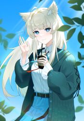  1girl absurdres ahoge arknights arknights:_endfield belt belt_buckle black_belt blonde_hair blue_eyes bluemallow buckle buttons cardigan closed_mouth commentary cup disposable_coffee_cup disposable_cup drink drinking_straw earrings frilled_sleeves frills highres holding holding_drink jewelry light_particles light_rays light_smile long_hair long_sleeves looking_at_viewer open_cardigan open_clothes perlica_(arknights) ribbed_cardigan shirt solo twitter_username unbuttoned watermark waving white_shirt yellow_pupils 