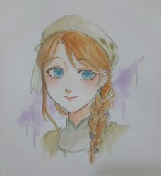  1girl blue_eyes bow braid brown_hair closed_mouth collared_shirt commentary cropped_shoulders earrings english_commentary eyelashes flower flower_earrings green_bow green_headscarf green_shirt hair_flower hair_ornament hair_over_shoulder happy hat hat_bow headscarf highres jewelry leaf_print light_blush lipstick long_hair makeup nikki_(series) nonoberry22 print_headwear purple_flower red_lips shining_nikki shirt single_braid smile solo stylist_(nikki) traditional_media 