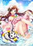 1girl :d anklet barefoot brown_hair company_name copyright_name dog dutch_angle feet green_eyes hair_ornament in_water innertube jewelry long_hair looking_at_viewer official_art open_mouth original renta_(deja-vu) sitting smile soles tenka_touitsu_chronicle veil 
