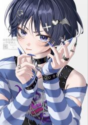  1boy arm_warmers bishounen black_choker black_hair blunt_ends blush character_print choker clothing_request collarbone commentary_request dragon_wings eyeliner fingernails genshin_impact hair_ornament hairclip hands_up heart heart_hair_ornament heart_print highres long_fingernails looking_at_viewer makeup male_focus middle_ring nail_ornament portrait purple_nails qr_code red_eyeliner sahi00000 scaramouche_(genshin_impact) sharp_fingernails shirt single_off_shoulder solo striped_arm_warmers striped_clothes striped_shirt tongue tongue_out torn_clothes tsurime twitter_username violet_eyes wanderer_(genshin_impact) watermark white_background wing_hair_ornament wings wispy_bangs x_hair_ornament 