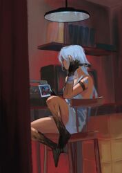  1girl ariane_yeong artist_name bandaid bandaid_on_arm bandaid_on_shoulder black_hands book chair colored_extremities colored_skin commentary desk dress english_commentary facing_away full_body headphones highres holding holding_photo holding_unworn_headphones indoors long_hair multicolored_skin on_chair photo_(object) radio shelf signalis signature sitting sleeveless sleeveless_dress solo two-tone_skin white_dress white_hair yuulinshi 