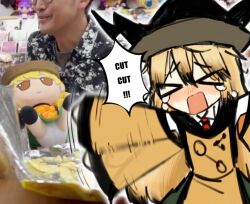  >_< 1girl black_hat blush closed_eyes constellation_print crying english_text flapping fumo_(doll) green_skirt hashtag-only_commentary hat matara_okina oki7_(okinana07) open_mouth orange_tabard photo_background skirt speech_bubble tabard touhou zun 