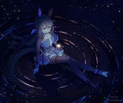  1girl admire_vega_(starry_nocturne)_(umamusume) admire_vega_(umamusume) animal_ears asymmetrical_footwear black_pantyhose blue_capelet blue_dress bodice breasts brown_hair capelet closed_mouth commentary_request dress ear_covers gloves hair_between_eyes hanong_06 highres horse_ears horse_girl horse_tail long_hair long_sleeves low_ponytail mismatched_footwear necktie open_mouth pantyhose ponytail ripples single_ear_cover sitting smile solo star_(symbol) tail umamusume violet_eyes water white_necktie 
