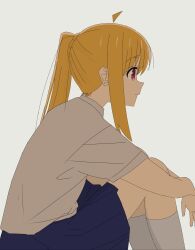  ahoge blue_skirt bocchi_the_rock! closed_mouth feet_out_of_frame from_side hashtag-only_commentary highres hyeonsu ijichi_nijika kneehighs knees_up long_hair pleated_skirt profile red_eyes shirt short_sleeves side_ponytail sidelocks simple_background sitting skirt socks white_background white_shirt white_socks 