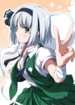  1girl bandaged_arm breasts cleavage from_side ghost green_eyes hairband highres konpaku_youmu konpaku_youmu_(ghost) leaning_forward looking_at_viewer looking_to_the_side nori_tamago parted_lips short_hair silver_hair touhou translated v 
