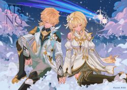  1boy 1girl aether_(as_heaven_and_earth_are_made_anew)_(genshin_impact) aether_(genshin_impact) ahoge arm_armor artist_name baggy_pants bare_shoulders black_boots black_gloves black_shirt black_sky blonde_hair blue_feathers boots braid breasts brother_and_sister closed_eyes closed_mouth clouds cloudy_sky detached_sleeves dress earrings feathers feet_out_of_frame field flower flower_field full_body genshin_impact gloves gold_trim grey_pants hair_between_eyes hair_flower hair_ornament hair_ribbon hashtag-only_commentary highres holding_hands jacket jewelry juliet_sleeves lapels long_hair long_sleeves low_ponytail lumine_(as_heaven_and_earth_are_made_anew)_(genshin_impact) lumine_(genshin_impact) medium_breasts night official_alternate_costume official_alternate_hairstyle opaal_9026 open_clothes open_jacket outdoors pants partially_fingerless_gloves petals ponytail puffy_sleeves ribbon scarf shirt shooting_star short_hair siblings sidelocks single_braid single_earring sitting sky sleeping sleeveless sleeveless_dress sparkle star_(sky) star_(symbol) star_earrings starry_sky thigh_boots vest watermark white_dress white_flower white_jacket white_scarf white_sleeves white_vest wide_sleeves yellow_ribbon 