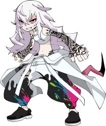  1girl arm_tattoo baggy_pants bare_shoulders belt black_pants black_shoes breasts bright_pupils can clothes_around_waist eyeshadow finger_tattoo graffiti guernica_(p5t) hair_between_eyes hand_tattoo hip_tattoo jacket jacket_around_waist long_hair loose_belt makeup medium_breasts mouse_tail navel official_art oribe_hanako paint_on_clothes paint_splatter pants persona persona_5 persona_5_tactica pink_eyes red_eyeshadow shirt shoes sleeveless sleeveless_shirt smile smirk solo spray_can spray_paint tail tank_top tattoo tattoo_sleeve transparent_background two-tone_pants very_long_hair wavy_hair white_belt white_hair white_jacket white_pants white_pupils white_tank_top 