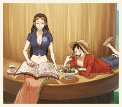  1boy 1girl black_hair book commentary_request cup eating eyewear_on_head hat highres holding holding_book hurumori long_hair lying monkey_d._luffy nico_robin on_stomach one_piece orange-tinted_eyewear pink_sarong red_shirt sandals sarong sash scar scar_on_face shirt short_hair sitting smile smoke straw_hat tinted_eyewear yellow_sash 