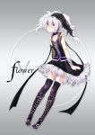  1girl 71pen bandages bare_shoulders black_hair black_skirt blush boots character_name choker collarbone corset cross-laced_footwear detached_sleeves flower_(vocaloid) full_body gradient gradient_background highres lace-up_boots long_hair long_sleeves looking_away multicolored_eyes multicolored_hair open_mouth over-kneehighs red_eyes skirt skirt_set solo thigh-highs torn_clothes torn_skirt two-tone_hair vest violet_eyes vocaloid white_hair 