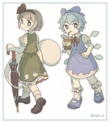  2girls black_hairband blue_bow blue_dress blue_eyes blue_hair blue_shoes bow brown_shoes chigu cirno closed_umbrella collared_shirt commentary_request detached_wings dress drinking drinking_straw drinking_straw_in_mouth frilled_skirt frills full_body green_skirt green_vest grey_hair hair_bow hairband highres hitodama hitodama_print holding holding_umbrella ice ice_wings konpaku_youmu konpaku_youmu_(ghost) looking_at_viewer mary_janes multiple_girls neck_ribbon pinafore_dress print_skirt puffy_short_sleeves puffy_sleeves red_ribbon ribbon shirt shoes short_sleeves skirt skirt_set sleeveless sleeveless_dress socks touhou twitter_username umbrella vest white_shirt white_socks wings 