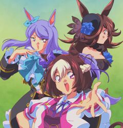  1990s_(style) 3girls animal_ears blue_flower blue_rose bow braid brown_hair dress ear_bow flipped_hair flower hair_over_one_eye hat hat_flower highres horse_ears horse_girl horse_tail long_hair long_sleeves looking_at_viewer mejiro_mcqueen_(umamusume) multicolored_hair multiple_girls open_mouth purple_hair retro_artstyle rice_shower_(umamusume) rose shirt short_hair short_sleeves sin_emu smile special_week_(umamusume) tail tilted_headwear two-tone_hair umamusume violet_eyes white_hair 