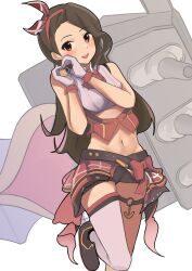  absurdres anchor anchor_symbol azur_lane belt boots bow bowtie breasts brown_eyes brown_hair ch2haya_p dot_nose frills gloves gold_trim head_tilt heart heart_hands highres idolmaster idolmaster_(classic) jewelry long_hair looking_at_viewer midriff minase_iori naval_guns navel necktie official_alternate_costume open_mouth petite plaid_clothes plaid_skirt red_eyes simple_background single_thighhigh skirt sleeveless small_breasts smile standing stomach thigh-highs thighlet thighs wavy_hair white_background white_gloves white_thighhighs zettai_ryouiki 