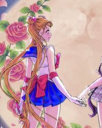  2girls back bishoujo_senshi_sailor_moon black_hair black_shoes blackpink blonde_hair blue_skirt boots closed_mouth commentary_request double_bun eundi_ed eye_contact falling_petals full_body gloves hair_bun holding holding_hands holding_wand jennie_(blackpink) korean_commentary leg_warmers looking_at_another moon multiple_girls night petals pink_petals red_boots sailor_moon sailor_senshi_uniform shoes skirt sparkle twintails wand 