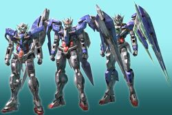  00_gundam 00_qan[t] aqua_background arms_at_sides clenched_hands full_body gn_drive green_eyes gundam gundam_00 gundam_00_a_wakening_of_the_trailblazer gundam_exia hashtag-only_commentary highres mecha mecha_focus mobile_suit morishita_naochika no_humans robot science_fiction standing v-fin 