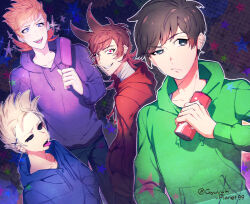  4boys :d animification antenna_hair artist_name asymmetrical_legwear bandage_on_cheek bandaged_neck bandages black_pants blue_eyes blue_hoodie blush brown_hair can cola commentary dated_commentary drawstring drink edd_(eddsworld) eddsworld eyelashes flipped_hair green_hoodie grey_eyes grin gyuuum_planet99 hair_behind_ear hair_ears hair_ornament hairclip hands_in_pockets holding holding_can holding_drink holding_mirror hollow_eyes hood hood_down hoodie long_sleeves male_focus matt_(eddsworld) mirror multiple_boys open_mouth orange_hair outline pants purple_hoodie red_eyes red_hoodie sharp_teeth short_hair smile spiky_hair star_(symbol) swept_bangs teeth tom_(eddsworld) tongue tongue_out tord_(eddsworld) uneven_legwear untranslatable_commentary upper_body white_outline x_hair_ornament 
