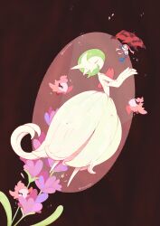  artist_name closed_eyes colored_skin dress elbow_gloves floette floette_(eternal) flower from_side gardevoir gloves highres lousnaps mega_gardevoir mega_pokemon pink_skin pokemon pokemon_(creature) purple_flower simple_background spritzee strapless strapless_dress white_dress white_gloves white_skin 