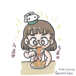  1girl :3 aged_down artist_name blunt_bangs brown_eyes commentary_request cosplay dated dress eating ferret-san food glasses hat highres kantai_collection libeccio_(kancolle) libeccio_(kancolle)_(cosplay) mini_hat necktie one-hour_drawing_challenge pasta pince-nez roma_(kancolle) sailor_collar short_hair sleeveless sleeveless_dress solo spaghetti striped_clothes striped_necktie upper_body white_dress white_sailor_collar 