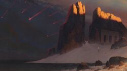  1girl absurdres ariane_yeong captb clouds commentary derivative_work english_commentary highres horizon ocean outdoors painterly rock scenery second-party_source shooting_star shores_of_oblivion signalis sky very_wide_shot water 