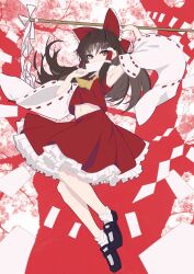  1girl absurdres ascot black_shoes bow brown_eyes brown_hair chinese_commentary commentary_request detached_sleeves frilled_bow frilled_hair_tubes frilled_skirt frills full_body gohei hair_bow hair_tubes hakurei_reimu highres holding holding_gohei long_hair midriff_peek navel nobunaga_kareli red_bow red_skirt ribbon-trimmed_sleeves ribbon_trim scarf shoes skirt skirt_set socks solo touhou white_scarf white_socks yellow_ascot 