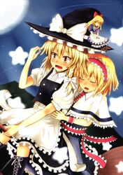  3girls acoco alice_margatroid apron blonde_hair blush bow broom broom_riding capelet closed_eyes cross-laced_footwear hair_bow hairband hat highres hug hug_from_behind kirisame_marisa long_hair multiple_girls open_mouth sash shanghai_doll short_hair short_sleeves smile touhou waist_apron witch_hat wrist_cuffs yellow_eyes yuri 