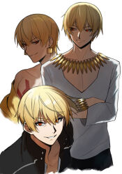  1boy blonde_hair bracelet clenched_teeth closed_mouth commentary_request cropped_torso crossed_arms earrings fate/zero fate_(series) gilgamesh_(casual_wear)_(fate/zero) gilgamesh_(fate) gilgamesh_(immoral_biker_jacket)_(fate) gold_bracelet gold_necklace hair_between_eyes highres jewelry long_sleeves looking_at_viewer male_focus multiple_views necklace raisakaki01 red_eyes shirt short_hair simple_background smile tattoo teeth white_background white_shirt 