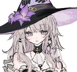  1girl ascot bare_shoulders black_ribbon commentary_request detached_sleeves flower frilled_sleeves frills grey_hair hair_between_eyes hair_ribbon hat hat_flower herta_(honkai:_star_rail) highres honkai:_star_rail honkai_(series) jewelry key key_necklace long_hair necklace ogfqd parted_lips purple_flower purple_ribbon ribbon simple_background solo the_herta_(honkai:_star_rail) upper_body violet_eyes white_background witch_hat 