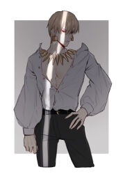  1boy arm_at_side belt belt_buckle black_belt border buckle buttons closed_mouth commentary crack_of_light cropped_legs earrings fate_(series) gilgamesh_(fate) gold_earrings gold_necklace hair_between_eyes hand_on_own_hip highres jewelry long_sleeves looking_at_viewer male_focus necklace outside_border partially_unbuttoned raisakaki01 red_eyes shirt short_hair solo variant_set white_border white_shirt yellow_eyes 