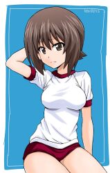 1girl arm_behind_head blue_background breasts brown_eyes brown_hair girls_und_panzer highres large_breasts looking_at_viewer monkey_ears monkey_girl nishizumi_maho ponzu_rui red_shorts shirt short_hair shorts simple_background sitting solo t-shirt two-tone_background white_background white_t-shirt