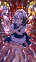  1girl 666q-46 absurdres apron arched_window arms_up between_fingers blue_dress blue_eyes bow braid closed_mouth collared_shirt commentary_request dress flandre_scarlet frilled_skirt frills full_moon green_bow green_ribbon grey_hair hair_bow highres holding holding_knife holding_pocket_watch izayoi_sakuya knife looking_at_viewer maid_apron maid_headdress moon neck_ribbon pantyhose pocket_watch puffy_short_sleeves puffy_sleeves red_eyes reflective_floor remilia_scarlet ribbon shirt short_hair short_sleeves skirt solo stained_glass touhou twin_braids waist_apron watch white_apron white_headdress white_pantyhose white_shirt window 