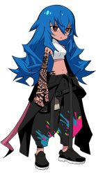  1girl arm_tattoo baggy_pants bare_shoulders belt black_belt black_jacket black_pants black_shoes blue_hair breasts bright_pupils can clothes_around_waist dark-skinned_female dark_skin finger_tattoo graffiti guernica_(p5t) hair_between_eyes hand_tattoo hip_tattoo jacket jacket_around_waist long_hair loose_belt medium_breasts mouse_tail navel official_art oribe_hanako paint_on_clothes paint_splatter pants persona persona_5 persona_5_tactica pink_pupils red_eyes shirt shoes sleeveless sleeveless_shirt solo spoilers spray_can spray_paint tail tank_top tattoo tattoo_sleeve transparent_background very_long_hair wavy_hair white_tank_top 