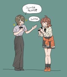  ._. 2girls :d absurdres black_pants campus_mode!!_(idolmaster) closed_eyes clothes_around_waist d: dance_trainer_(gakuen_idolmaster) dialogue four-pointed_star gakuen_idolmaster green_background grey_chemise hanami_ume highres idolmaster jacket jacket_around_waist multiple_girls o_yasa_inu pants skirt smile speech_bubble 